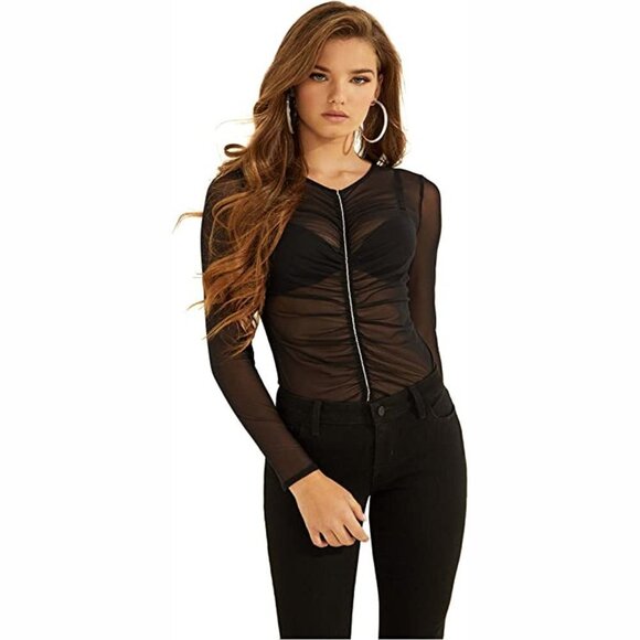 NWT Guess black & crystal bejewelled accented mesh long sleeve top, S - Picture 1 of 8